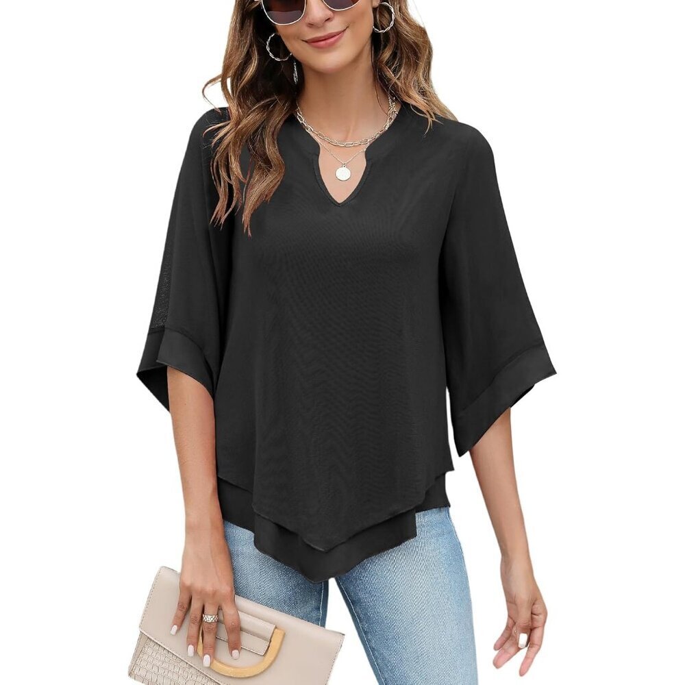 Women's Chiffon Blouse 3/4 Sleeve V Neck Double Layers Mesh Flowy Top